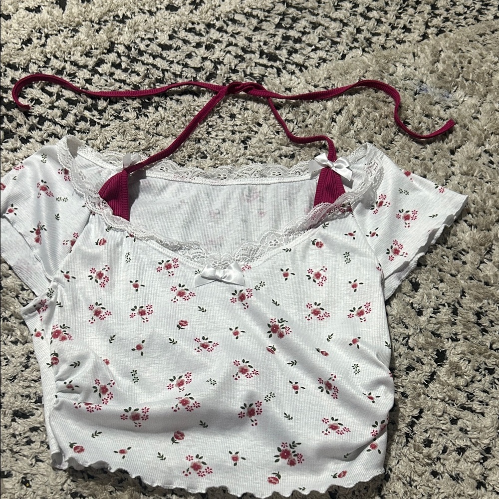 SHEIN White Floral Crop Top with Pink Accents
